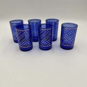 Vintage Cobalt Blue‎ 8 oz Juice glasses w/ gold design Celestial set 6